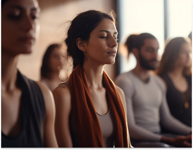 Side view of people meditating.